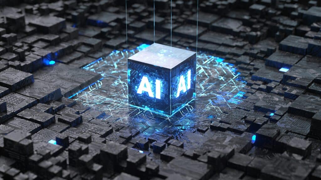Glowing AI cube on a circuit board