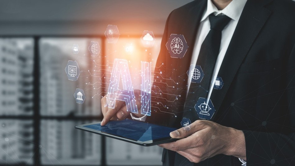 Business professional interacting with an AI hologram on a tablet